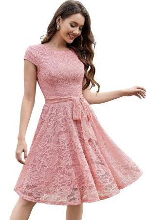 MUADRESS 6008 Women Short Lace Bridesmaid Dresses with Cap-Sleeve Formal Party Dresses Blush Small
