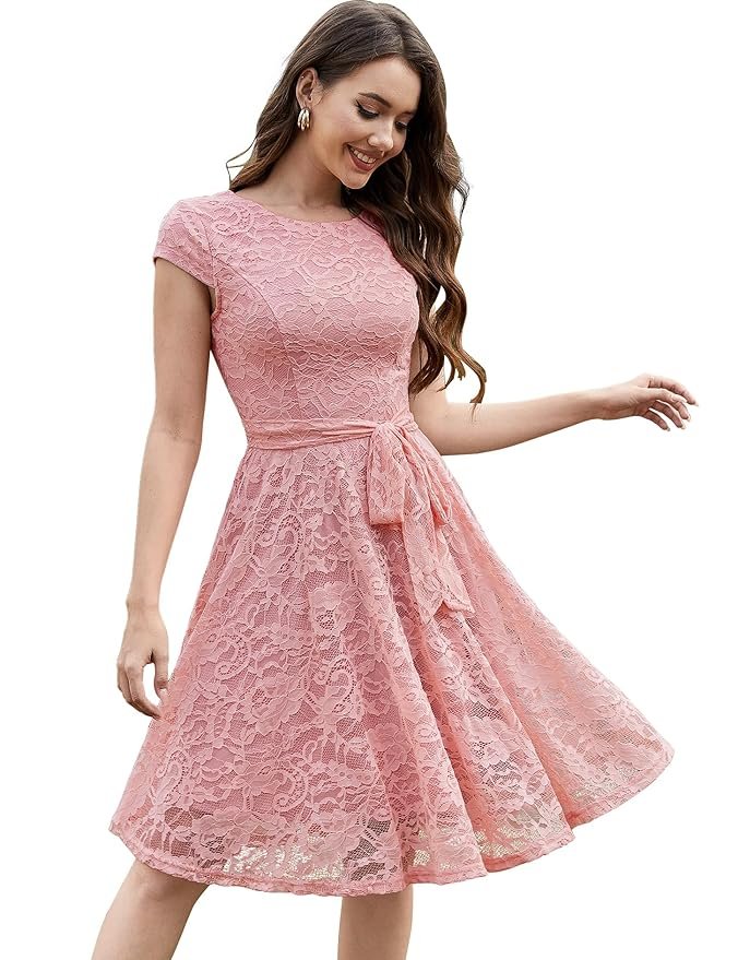 MUADRESS 6008 Women Short Lace Bridesmaid Dresses with Cap-Sleeve Formal Party Dresses Blush Small