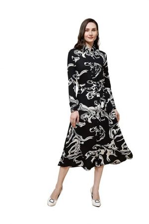 Global Republic Abstract Rayon Collar Neck Full Sleeve Mid Calf Dress for Women