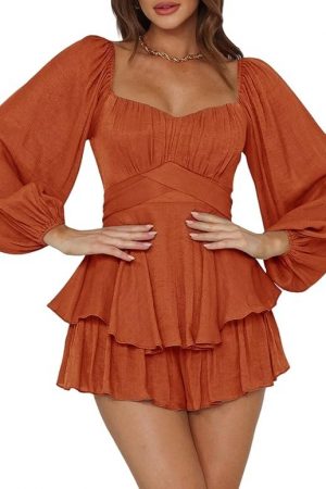 Ahtyeo Women's Casual Off Shoulder Romper Double Layer Ruffle Hem Waist Tie Short Jumpsuits Long Baggy Sleeves Mini Dress, A Brown, Small