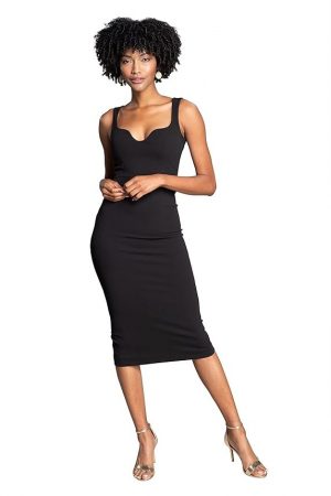 Dress the Population Women's Sloane Rounded V Neck Bodycon Midi Dress