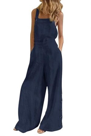 Layfuz Fashion Women Solid Color Jumpsuit Sleeveless Pocket Zipper Button Loose Casual Romper Overall Playsuit