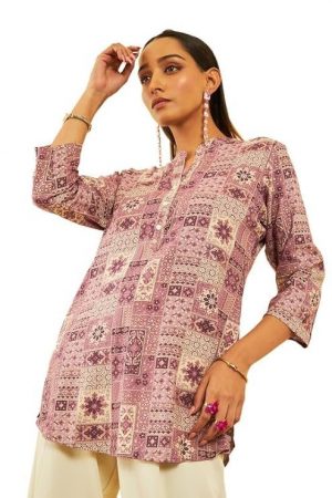 Soch Womens Rayon Ethnic Motif Foil Printed Mandarin Collar Tunic