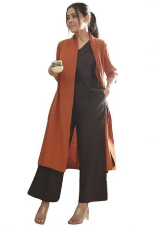 Saltpetre Women Coffee Brown Top & Trouser with Rust Long Shirt 3 Piece Co-Ords Set