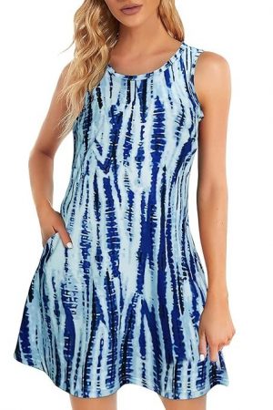 VEZARON Tank Dresses for Women O Neck Sleeveless Dress Summer Tunic Waist A-Line Swing Dresses Summer Dresses for Women Casual Loose Printed Tank Top Dress