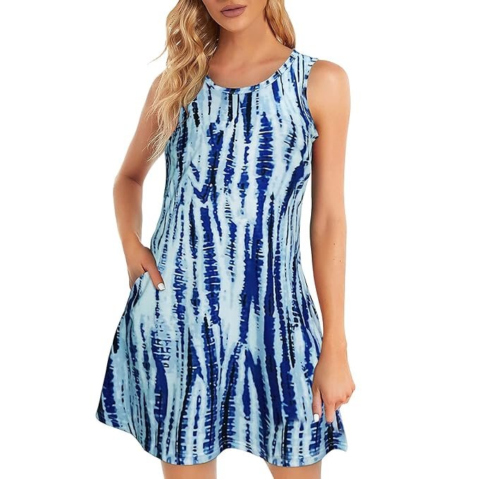 VEZARON Tank Dresses for Women O Neck Sleeveless Dress Summer Tunic Waist A-Line Swing Dresses Summer Dresses for Women Casual Loose Printed Tank Top Dress