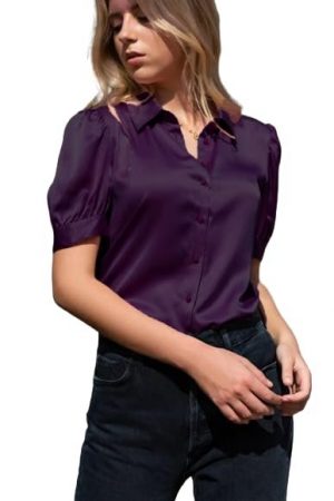 BHIKADIYA Women Regular Fit Solid Cut Away Collar Casual Shirt, Smocked Blouse for Women's Point Collar Puff Sleeve Vintage Peasant Top