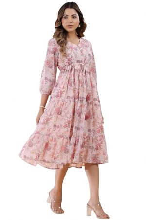 Janasya Women's Pink Georgette Floral Printed Tiered Dress