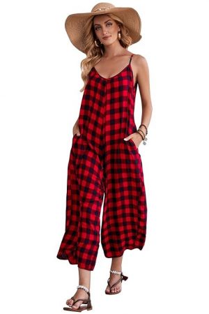 BUENOS NINOS Women's V Neck Floral Maxi Dress Boho Printed Adjustable Spaghetti Strap Ethnic Beach Long Dress with Pockets S Red Black Buffalo Plaid Jumpsuit