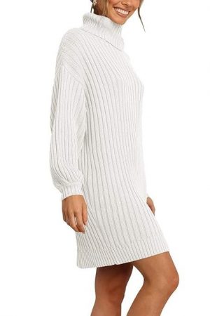 MXGZ Women Sweater Dresses, Casual Knee Length Pure Color Comfortable Long Sleeve Sweater Dresses for Office for Dating (S) White