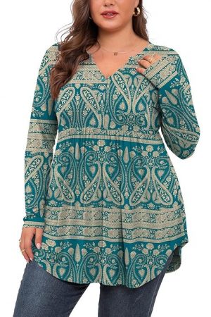 SHIJIALI Women's Plus Size Henley Shirts V Neck Button Tunic Tops Casual Long Sleeve Swing Flowy Blouse