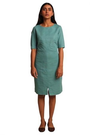 REEPEAT "PRACHI Women's Teal Cotton Hemp Midi Dress - Elevate Your Wardrobe for Effortless Style|Teal|XS|