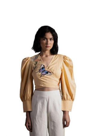 Origani Women's Cotton Linen Casual Embroidered V-Neck Fluttering Marigold Blouse