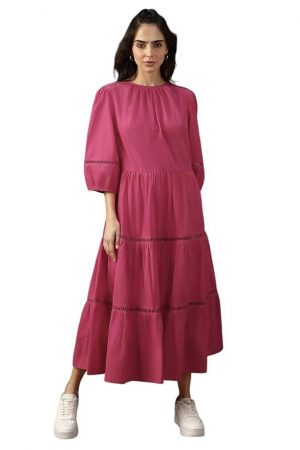 High Star Women Solid Cotton Flared Fit Round Neck Short Sleeve Dresses