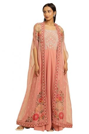 W for Woman Wishful Pink Festive Solid Print Organza Cape & Dress