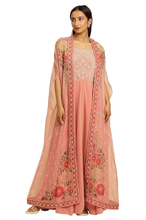 W for Woman Wishful Pink Festive Solid Print Organza Cape & Dress