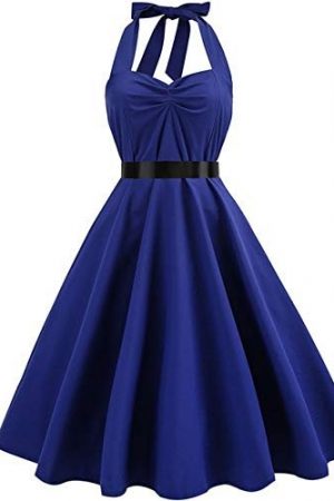 3nh Women's Rockabilly Polka-Dot Print Halter Strap Knee Length A-Line Dress