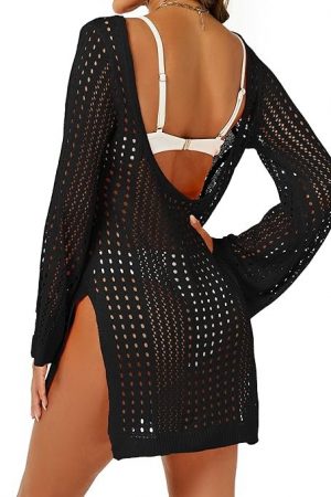 Women's Crochet Swimsuit Coverup Hollow Long Sleeve Swimsuit Cover Up Side Split Knit Swimwear Beach Dress