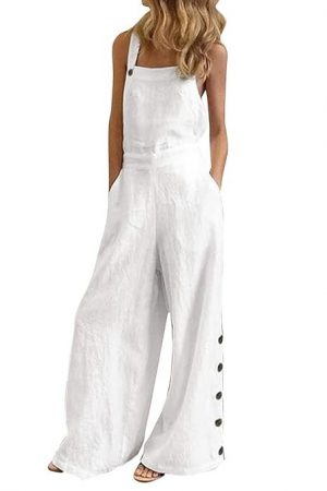 Fashion Women Solid Color Jumpsuit Sleeveless Pocket Zipper Button Loose Casual Romper Overall Playsuit-Layfoo