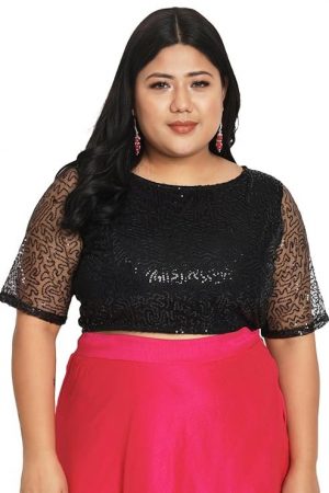 studio rasa Women's Plus Size Net Sequin Embroidered Sheer Sleeves Crop Top for Wedding Festive Party
