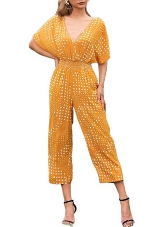 Women Wide Legs Rompers Dot Printed Half Sleeve High Waist Casual Holiday Jumpsuits-Layfoo