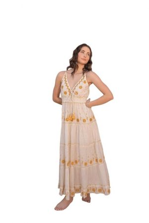 LABEL REYYA White and Gold Floral Embroidery Tiered Cotton Maxi Dress for Women