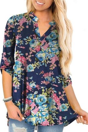 a.Jesdani Women's Plus Size Tops 3/4 Roll Sleeve Shirts V Neck Blouses Tunic Top