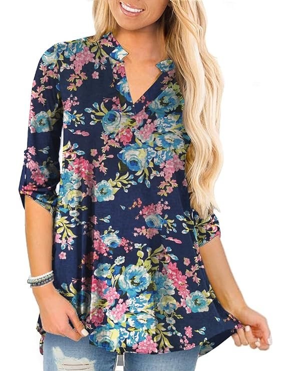 a.Jesdani Women's Plus Size Tops 3/4 Roll Sleeve Shirts V Neck Blouses Tunic Top