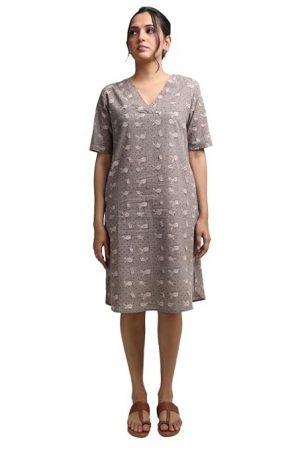 REEPEAT PRAGATI Women's Oak Brown Hand Block Printed V Neck Dress - Timeless Craftsmanship and Style Combined
