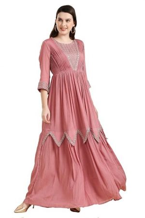 Madhuram Women's Chinon Chiffon Traditional Ethnic Long Western Dress with Embroidery Work Long Kurta(M-2361)