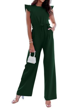 BTFBM Women Jumpsuits Crew Neck Ruffle Cap Sleeve Belted High Waist Wide Leg Romper with Pockets One Piece Casual Outfits