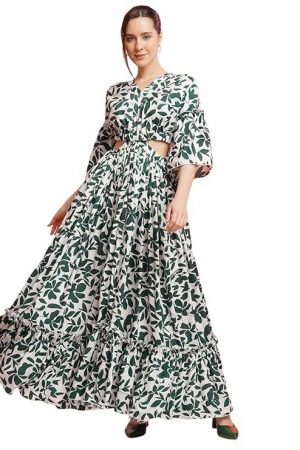 UK URBAN KOMFORT Women Stylish Cutwork Printed Design Puff Sleeve One Piece Layered Long Dress