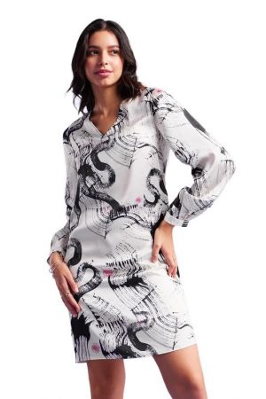 FableStreet Satin Shift Dress - Off White and Black