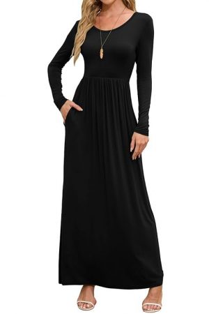 Women's Long Sleeve Round Neck Maxi Casual Long Dresses Black Small