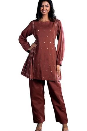 Avaan Cotton Cord Set Dress for Women, Cord Dress for Women Stylish, Rust Color Dress for Women, Straight Tunic with Trousers