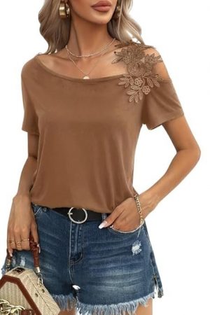 MIPPO® Women’s Cold Shoulder Top with Asymmetrical Cut-Out Lace & Casual Short Sleeves