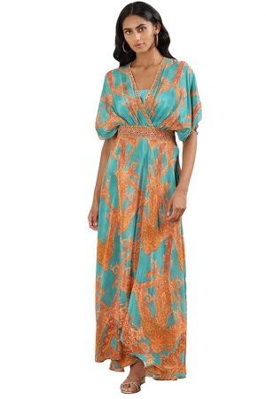 Teal Printed Kaftan Dress with Bustier