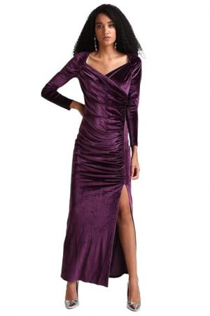 Kazo Solid Velvet V Neck Women's Maxi Dress