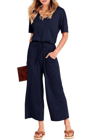 ANRABESS Women's Summer Solid Jumpsuit V Neck Casual Loose Short Sleeve Jumpsuit Rompers Playsuits CVzangqing-M WFF15 Navy Blue