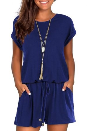 Womens Summer Cute Front Tie Short Jumpsuits Rompers with Pockets, Navy Blue, Small