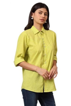 FABRIC FITOOR Womens Jaipuri Pure Cotton Greenish Color Spread Collar Straight Fit Casual Shirt