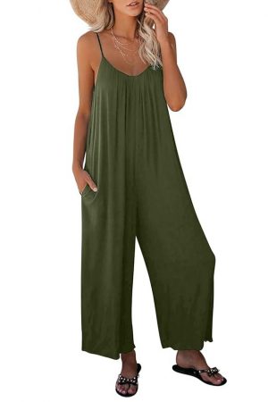 Dokotoo Women's Loose Plus Size Jumpsuits for Women Adjustable Spaghetti Strap Stretchy Wide Leg Solid One Piece Sleeveless Long Pant Romper Jumpsuit with Pockets Green Large