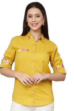 FABRIC FITOOR Womens Jaipuri Pure Cotton Mustard Yellow Color Spread Collar Straight Fit Casual Shirt