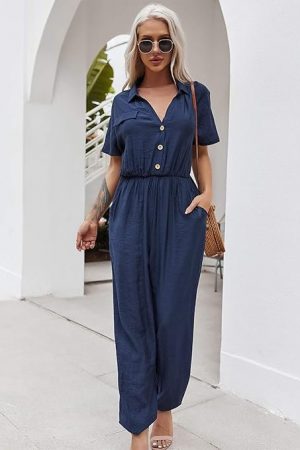 Decdeal Fashion Women Summer Solid Color Jumpsuit Turn-Down Collar Short Sleeve Button Pocket Casual Playsuit