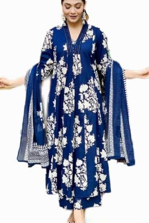 Women's Jaipur Hand Block Print Navy Blue Kurta and Pant Set with Printed Dupatta (New Launch, Comfortable Cotton Fabric, Festive, Size)