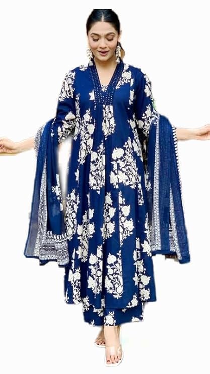 Women's Jaipur Hand Block Print Navy Blue Kurta and Pant Set with Printed Dupatta (New Launch, Comfortable Cotton Fabric, Festive, Size)