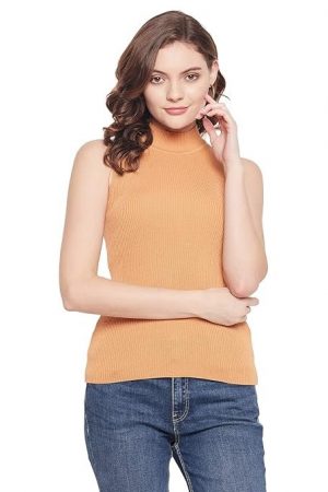 98 North Women Mustard Self Design High Neck Sweater-G1135-MUSTARD