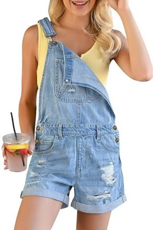 luvamia Women's Ripped Short Overalls Adjustable Denim Bib Overall Shorts Romper