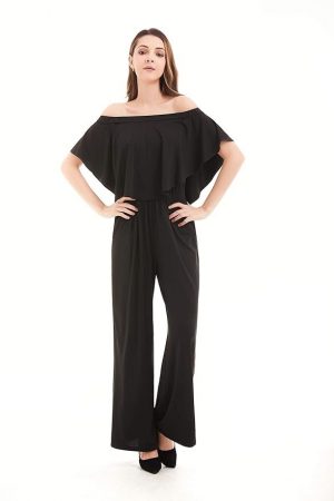 Women's Ruffled Off Shoulder High Waist Solid Color Wide Leg Pant Jumpsuit