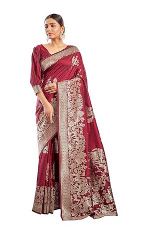 Monjolika Fashion Women's Banarasi Silk Saree in Satin and traditional golden zari work comes with Unstitched Blouse Piece